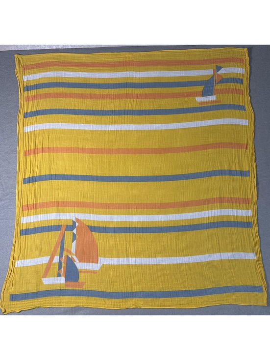 Vintage Accessories - Vintage Lightweight Yellow Striped Scarf with Sailboat Pattern